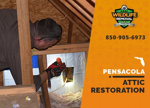 Wildlife Pest Control operator inspecting an attic in Pensacola before restoration